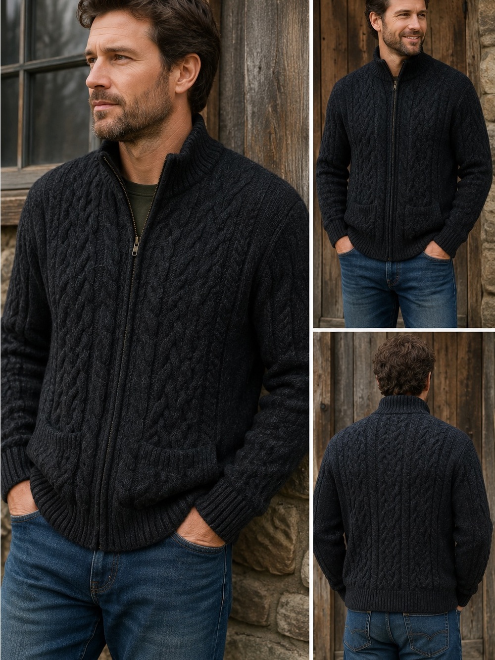 SHANNON WOOLEN MILLS Men’s XL Cable-Knit Zip Sweater 100% WOOL MADE IN IRLAND 🇮🇪